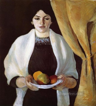 オーガスト・マッケ Painting - リンゴを持つ肖像画 芸術家アウグスト・マッケの妻
